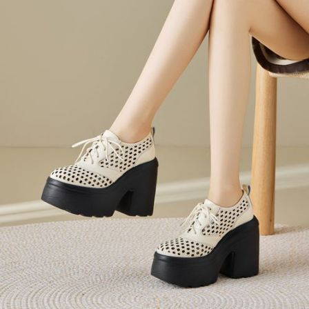 小皮鞋女镂空透气粗跟高跟增高12cm配裙子夏季真皮厚底洞洞单鞋女