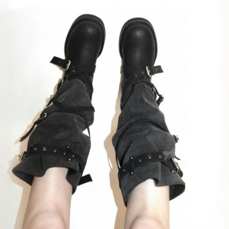 小众圆头厚底水洗帆布皮带扣堆堆靴2026春夏新款复古高筒骑士靴女