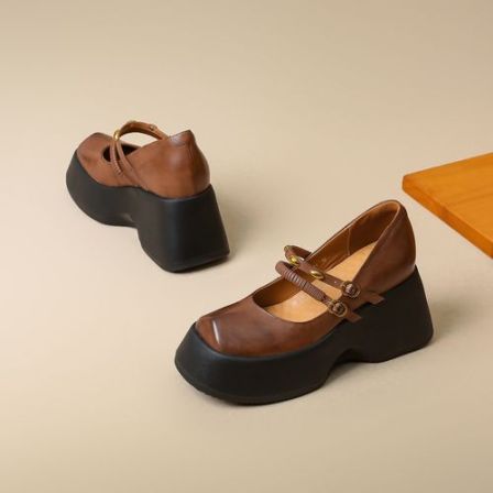 10cm内增高厚底玛丽珍鞋女圆头真皮小个子双扣带平底坡跟松糕单鞋