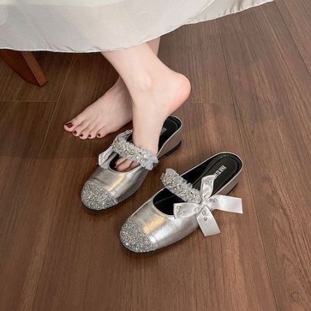 设计感银色玛丽珍半拖鞋外穿法式单鞋2025年新款内增高包头凉拖鞋