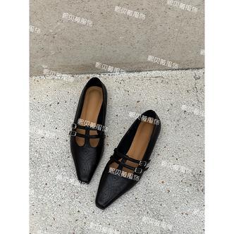 熙贝薇2 牛皮小方头手工雕花平底单鞋双排扣一脚蹬鞋子 G6127