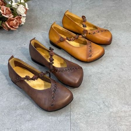 2518-60春季新款复古时尚牛皮软底圆头舒适透气百搭休闲低邦单鞋