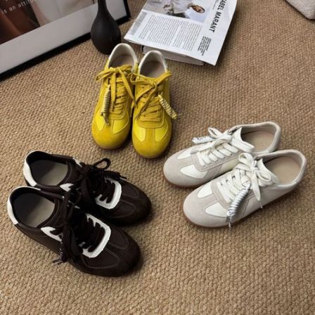 真皮复古时尚德训鞋女款爆款绳结系带拼色圆头百搭增高运动休闲鞋