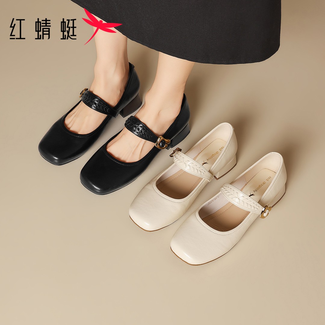 红蜻蜓粗跟单鞋春季约会女鞋方头浅口甜美风气质玛丽珍舒适女鞋主图