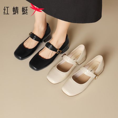 红蜻蜓粗跟单鞋春季约会女鞋方头浅口甜美风气质玛丽珍舒适女鞋