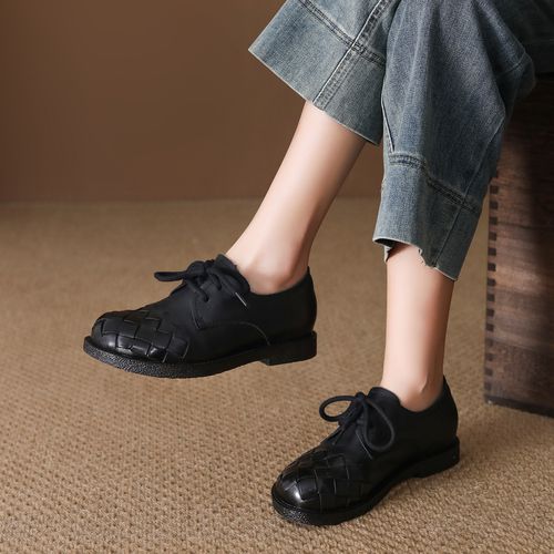 春秋新款头层牛皮复古透气编织系带低跟百搭休闲乐福女主图