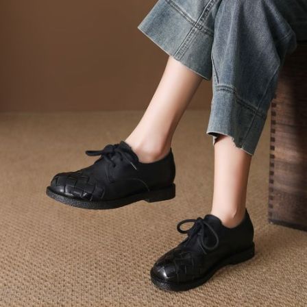 春秋新款头层牛皮复古透气编织系带低跟百搭休闲乐福女