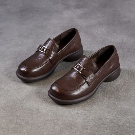 春秋新款头层牛皮英伦风皮带扣百搭休闲乐福女鞋