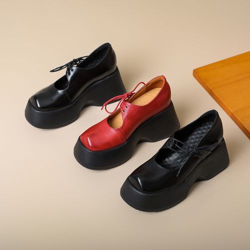 10cm内增高松糕鞋女红色厚底方头高跟玛丽珍鞋小个子百搭单鞋子潮主图