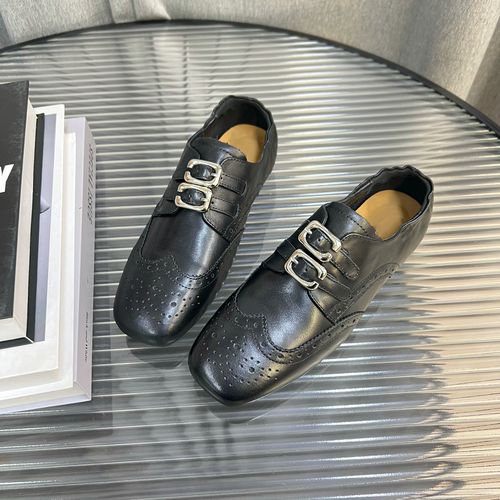 2026新春款方头双扣带百搭雕花黑色布洛克风格乐福鞋女F9222主图