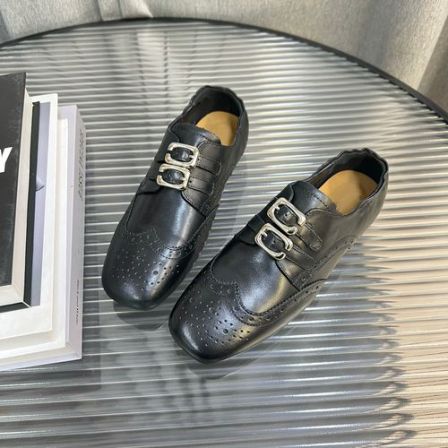 2026新春款方头双扣带百搭雕花黑色布洛克风格乐福鞋女F9222