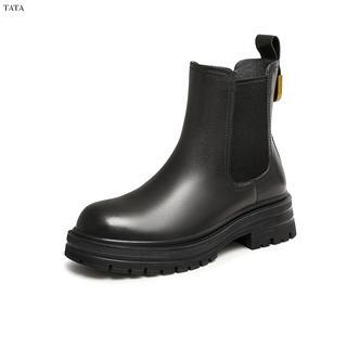 TATA他她2024冬焦糖布丁烟筒靴厚底牛皮休闲切尔西靴短靴WAQA2DD4