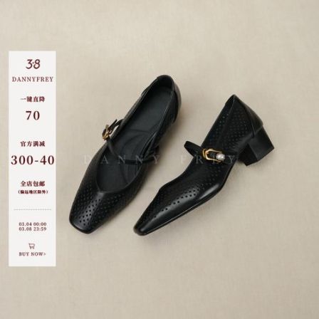 Dannyfrey丹尼芙蕾春夏通勤法式方头镂空一字带透气玛丽珍鞋4CM