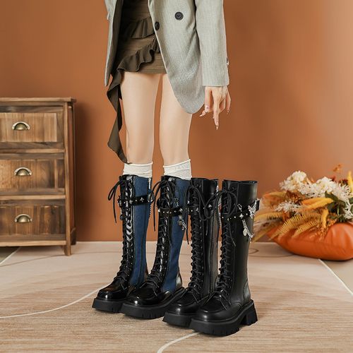 【万达撤柜】~百搭长筒靴女粗跟金属蝴蝶链条小众高筒马丁靴厚底主图