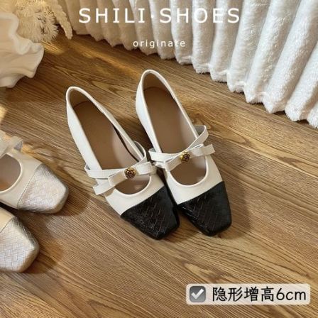 十里·6cm内增高小个子法式小香风山茶花拼色浅口玛丽珍单鞋女春