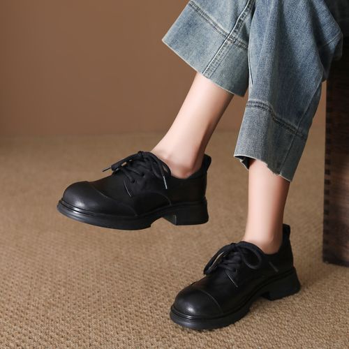 春秋新款复古头层牛皮粗跟透气百搭圆头女士英伦风单鞋小皮鞋主图