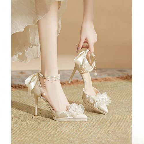 仙女花朵高跟鞋女18岁成年礼细跟不累脚配裙子浅色缎面婚鞋配婚纱主图