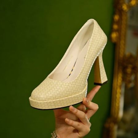 【DUOSI】8公分方头复古编织纹高跟鞋粗跟法式方根高跟鞋防水Y26633