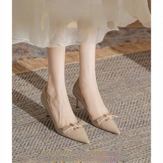 5.5cm法式气质百搭性感蝴蝶结裸色高跟鞋气质穿搭漆皮单鞋D878主图