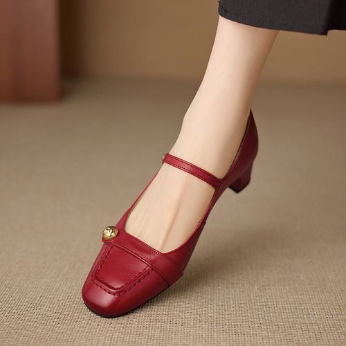 牛皮~4cm春秋新款浅口单鞋软底时尚一字带气质高跟鞋复古女士皮鞋主图