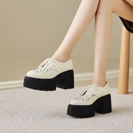 10cm高跟小皮鞋女厚底松糕编织系带防水台小个子休闲真皮乐福单鞋
