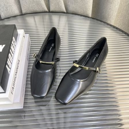 2026春季新款低跟方头金扣一字带真皮百搭时尚小单鞋女G767