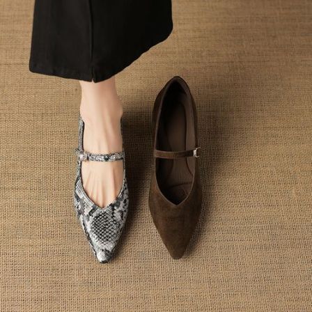 羊皮~5cm尖头法式气质高跟鞋软底细跟浅口单鞋女通勤蛇纹真皮女鞋