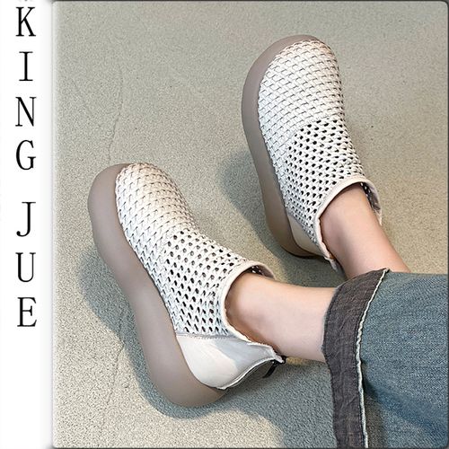 【王爵】头层牛皮罗马鞋编织镂空厚底舒适百搭圆头女式凉鞋夏新款主图
