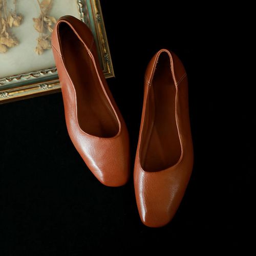 牛皮单鞋方头手工擦色时尚简约平跟舒适软底女鞋春夏新款主图