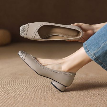 软羊皮~3cm法式方头浅口单鞋软底粗跟拼接复古低跟奶奶鞋真皮女鞋