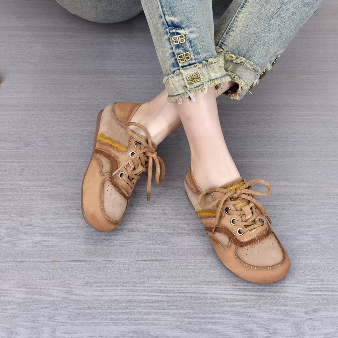2026春夏新款女拼色平跟单鞋圆头英伦风系带休闲平底单鞋软底鞋主图