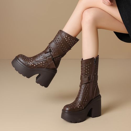 2026夏季真皮12cm增高镂空透气厚底粗跟小个子洞洞高跟中筒凉靴女主图