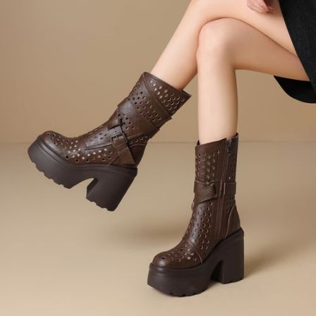 2026夏季真皮12cm增高镂空透气厚底粗跟小个子洞洞高跟中筒凉靴女
