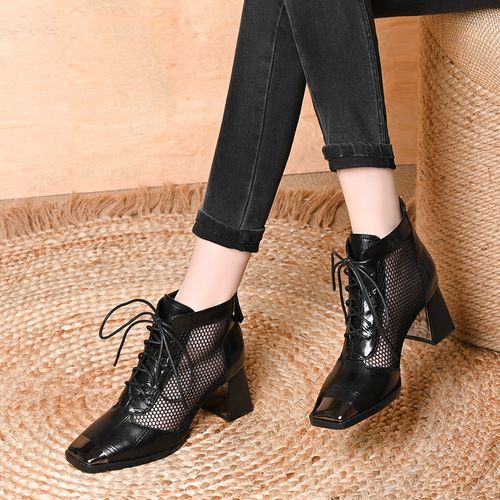 春夏网纱女靴防踢方头粗跟英伦风镂空透气时尚百搭网纱后拉链凉靴主图