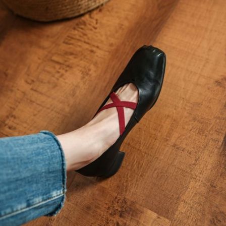 3.5cm34-40【法式复古】春夏季新款方头粗跟真皮芭蕾风浅口百搭气质