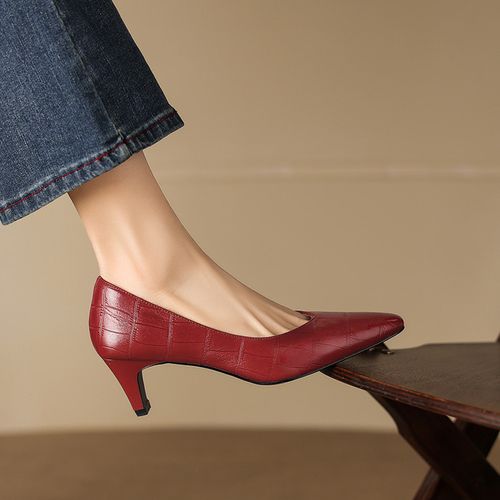 羊皮~5.5cm红色尖头法式浅口单鞋软底细跟气质高跟石头纹真皮女鞋主图