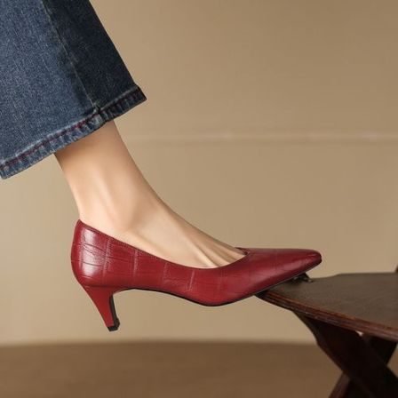 羊皮~5.5cm红色尖头法式浅口单鞋软底细跟气质高跟石头纹真皮女鞋