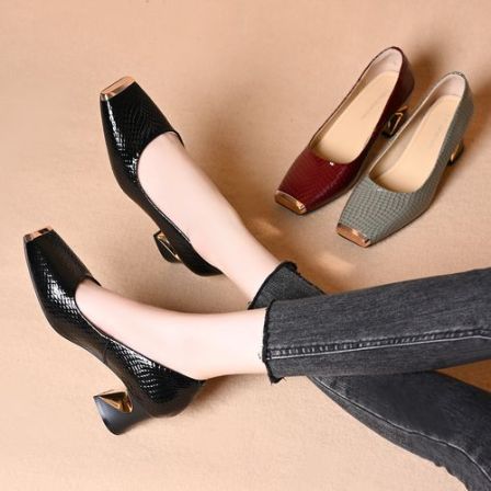 头层牛皮金属方头浅口单鞋女春秋法式气质粗跟百搭舒适中跟小皮鞋