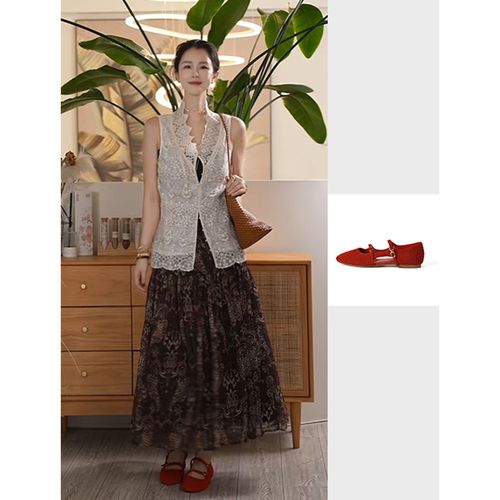 Y【叭哒不惑】羊皮复古镂空一字扣玛丽珍平底鞋单鞋时尚气质主图