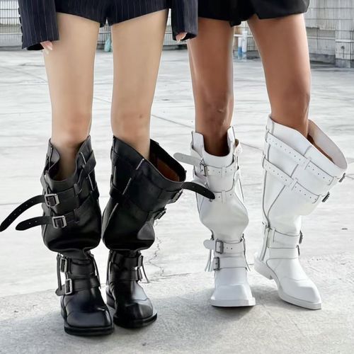 小众尖头大筒围堆堆靴2026春季新款复古皮带扣粗跟设计感长筒靴女主图