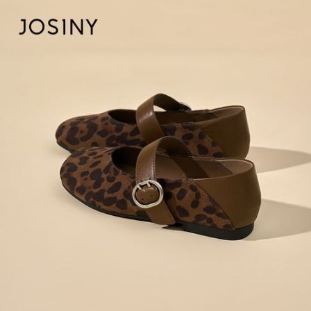 卓诗尼方头粗跟一字扣玛丽珍女鞋2026春秋新款豹纹浅口休闲单鞋n