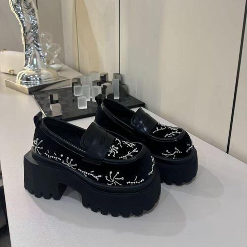 唐小肉潮搭重工水钻厚底丝绒国潮百搭乐福鞋黑色2026单鞋2351-10主图