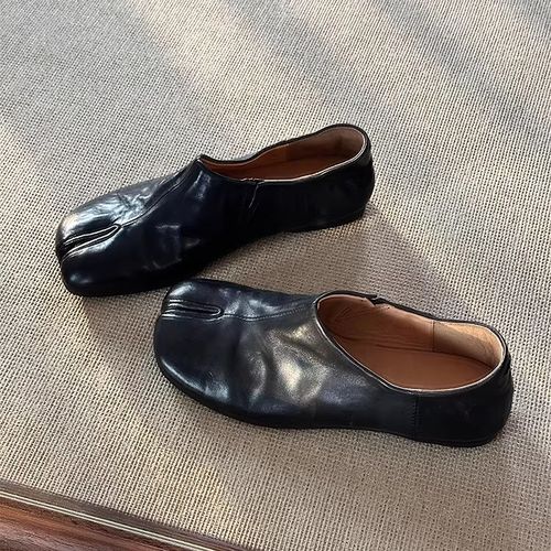 羊皮版~复古分趾平底单鞋女黑色小皮鞋一脚蹬英伦风通勤乐福鞋主图