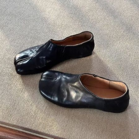 羊皮版~复古分趾平底单鞋女黑色小皮鞋一脚蹬英伦风通勤乐福鞋