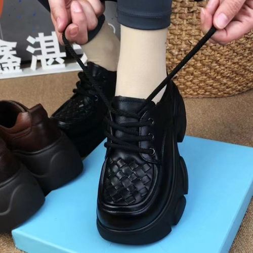 头层牛皮系带小皮鞋女春季新款超轻底厚底编织复古英伦风圆头女鞋主图