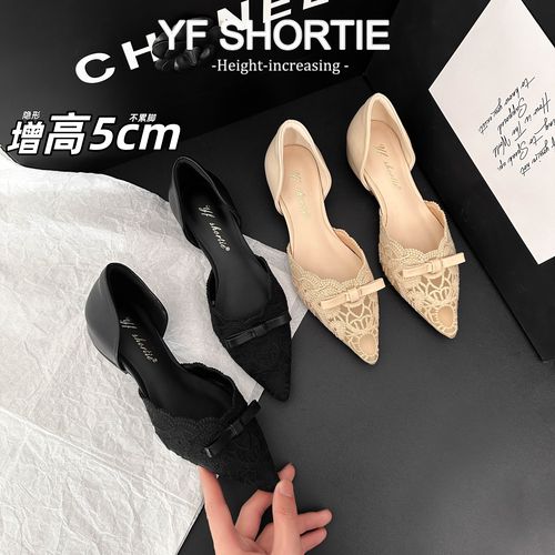 小个子增高5CM网纱蝴蝶结中空凉鞋女2026新款法式尖头蕾丝软底鞋主图