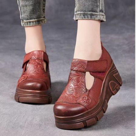 5092吉民族风春季新款头层牛皮厚底松糕鞋复古百搭丁字鞋透气单鞋