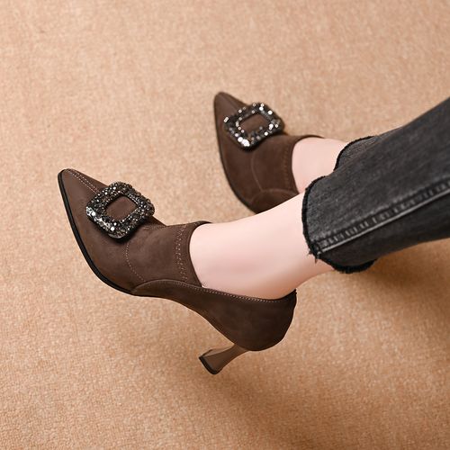 高跟鞋深口女短靴子2026早春新款钻扣黑色绒面尖头弹力套脚及裸靴主图