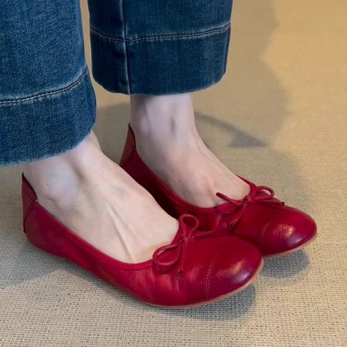 啤梨~羊皮2025超火单鞋红色百搭一脚蹬蝴蝶结平底软皮芭蕾舞鞋女主图