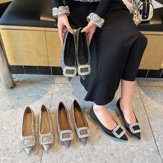 早春新气质款黑色尖头水钻浅口单鞋女鞋子晚晚鞋粗跟单鞋 25157主图